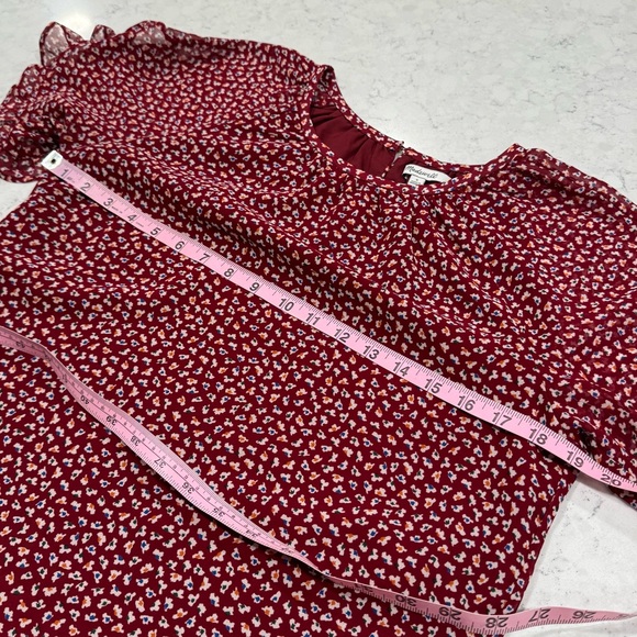 Madewell Women's Burgundy Floral Chiffon Top Short Sleeve Dress Shirt Lined - Picture 12 of 12